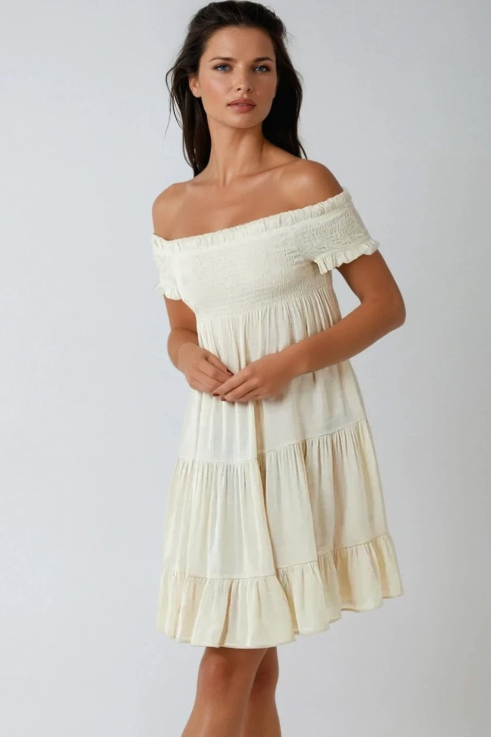 Beige Bardot Shirred Mini Dress-0