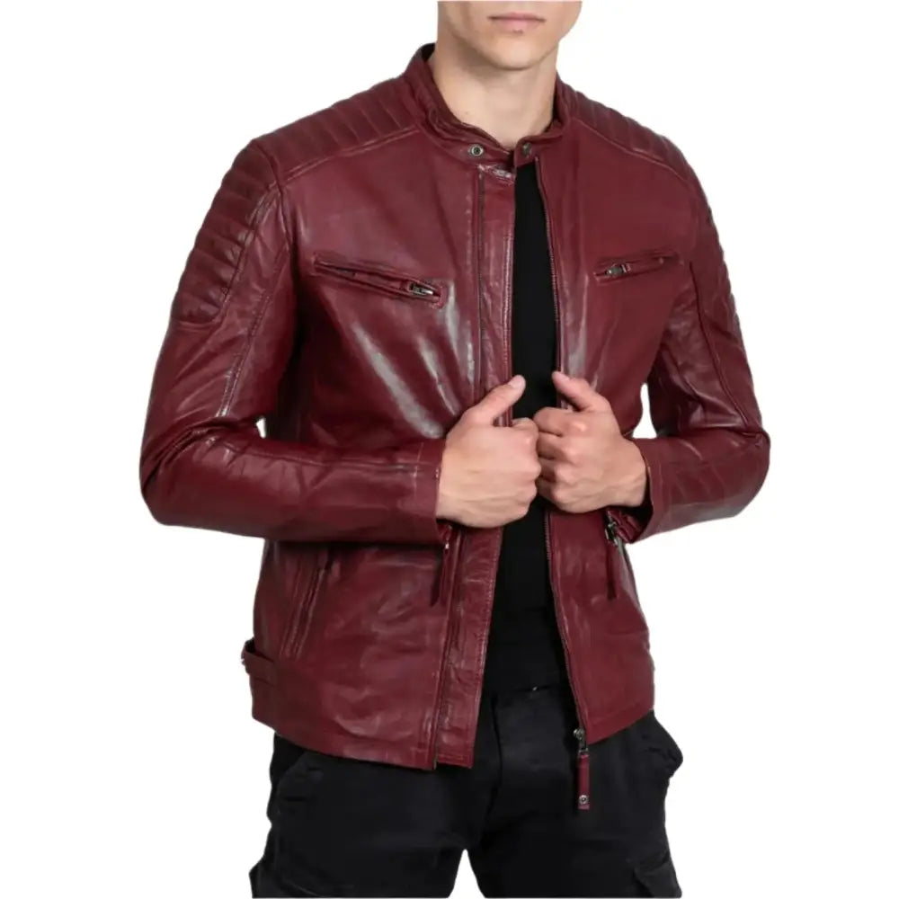Men's Red Sheepskin Leather Biker Jacket-0