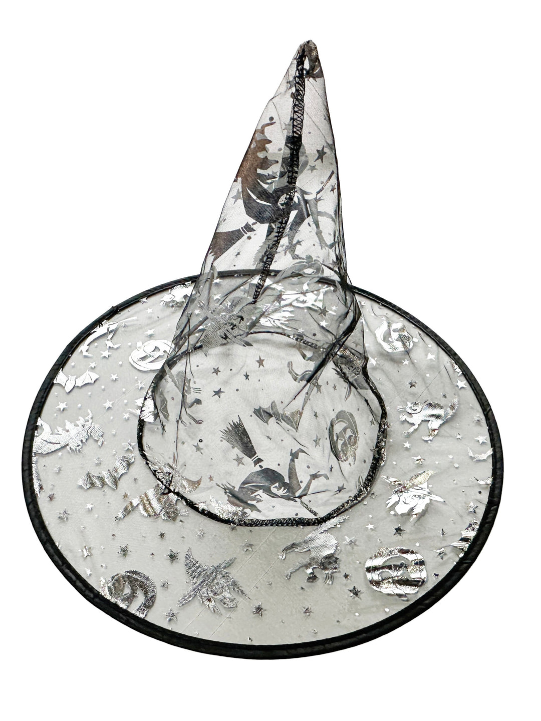 Black Witch Hat with Silver Halloween Prints-0